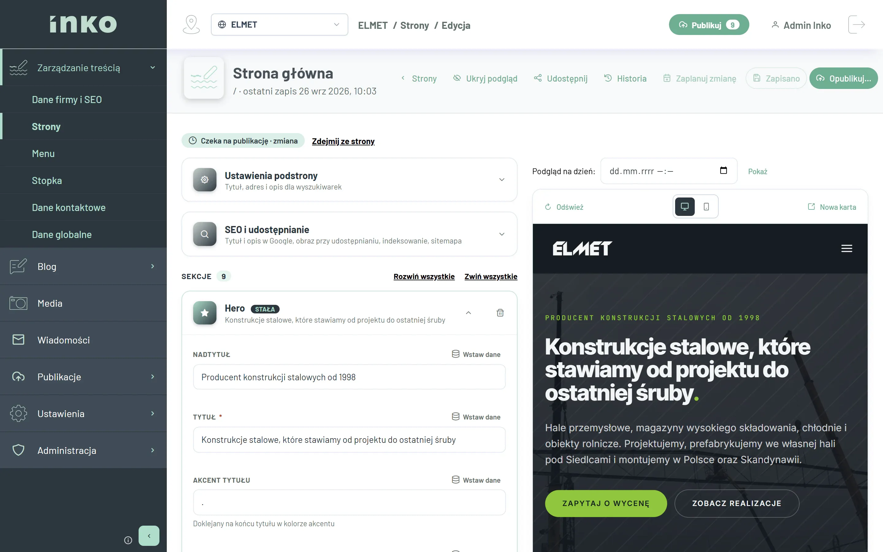 Panel inko_cms: edycja strony głównej ELMET — pola sekcji Hero po lewej, podgląd strony na żywo po prawej