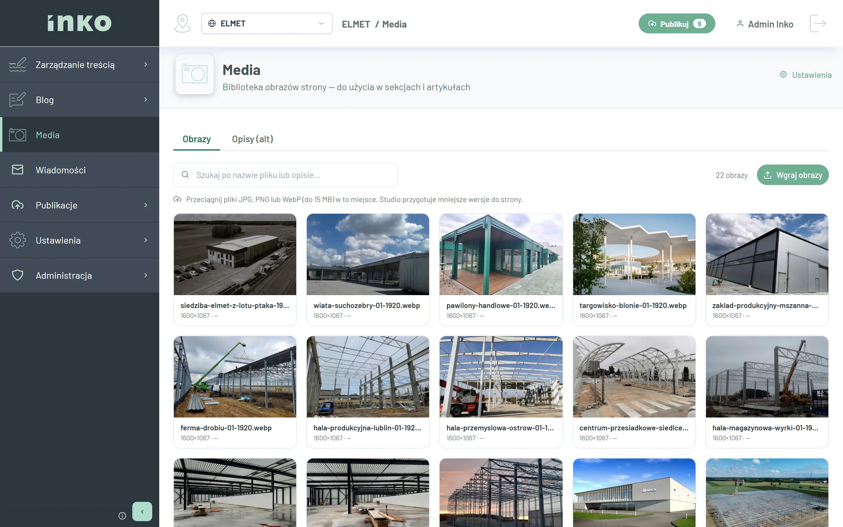 Biblioteka mediów ELMET w inko_cms: siatka zdjęć realizacji z nazwami plików i wymiarami