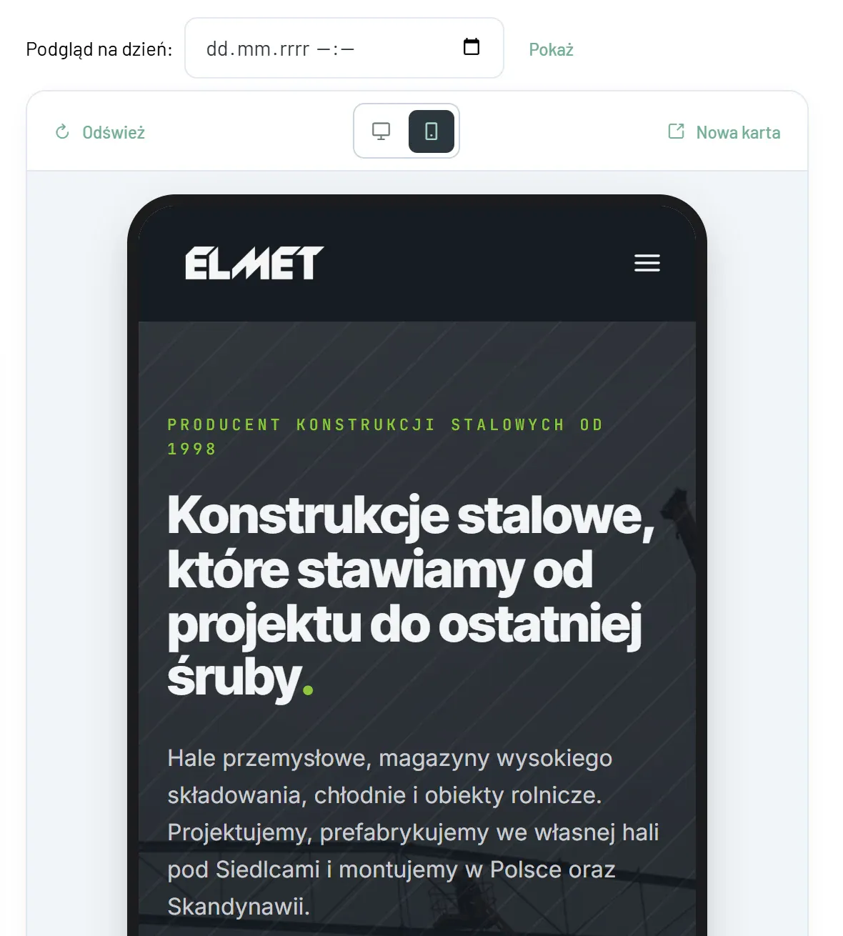Podgląd strony ELMET w widoku telefonu obok edytora w panelu inko_cms