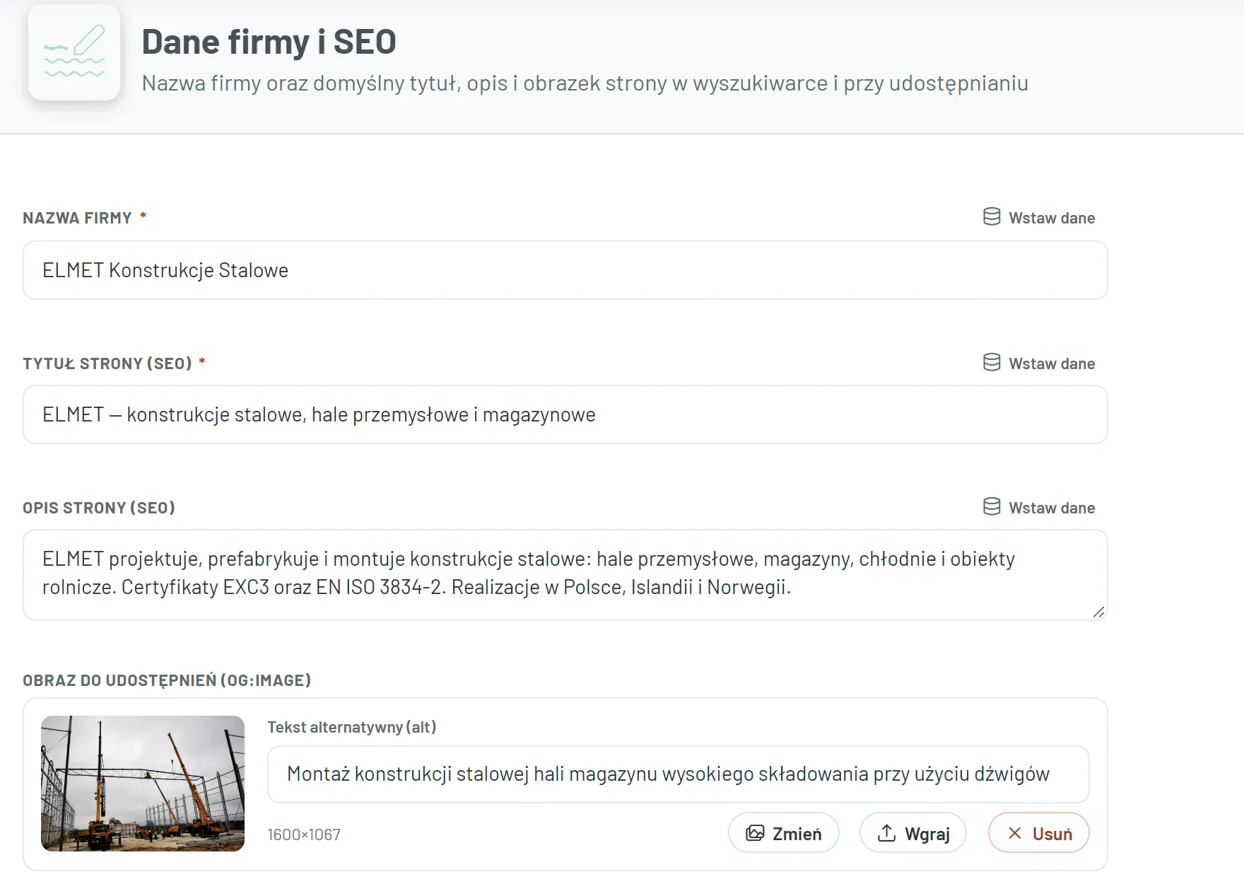 Ekran „Dane firmy i SEO” w inko_cms: nazwa firmy, tytuł i opis dla Google, obraz do udostępnień