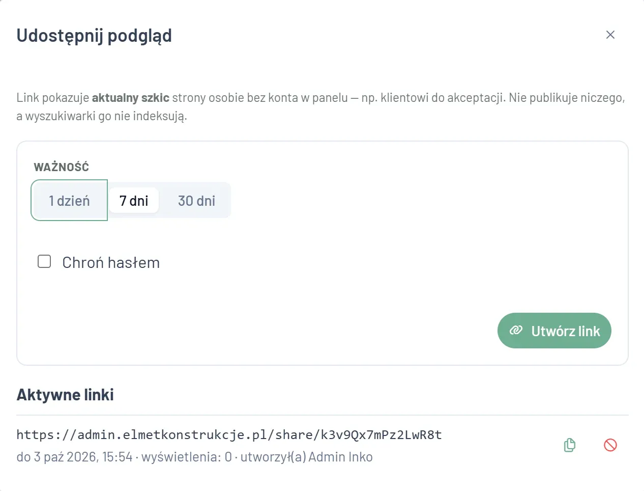 Okno „Udostępnij podgląd” w inko_cms: ważność linku 1, 7 lub 30 dni i ochrona hasłem